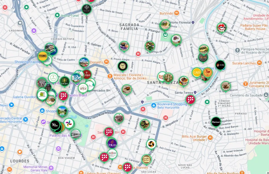 Mapa com vários PINs de empresas cadastradas